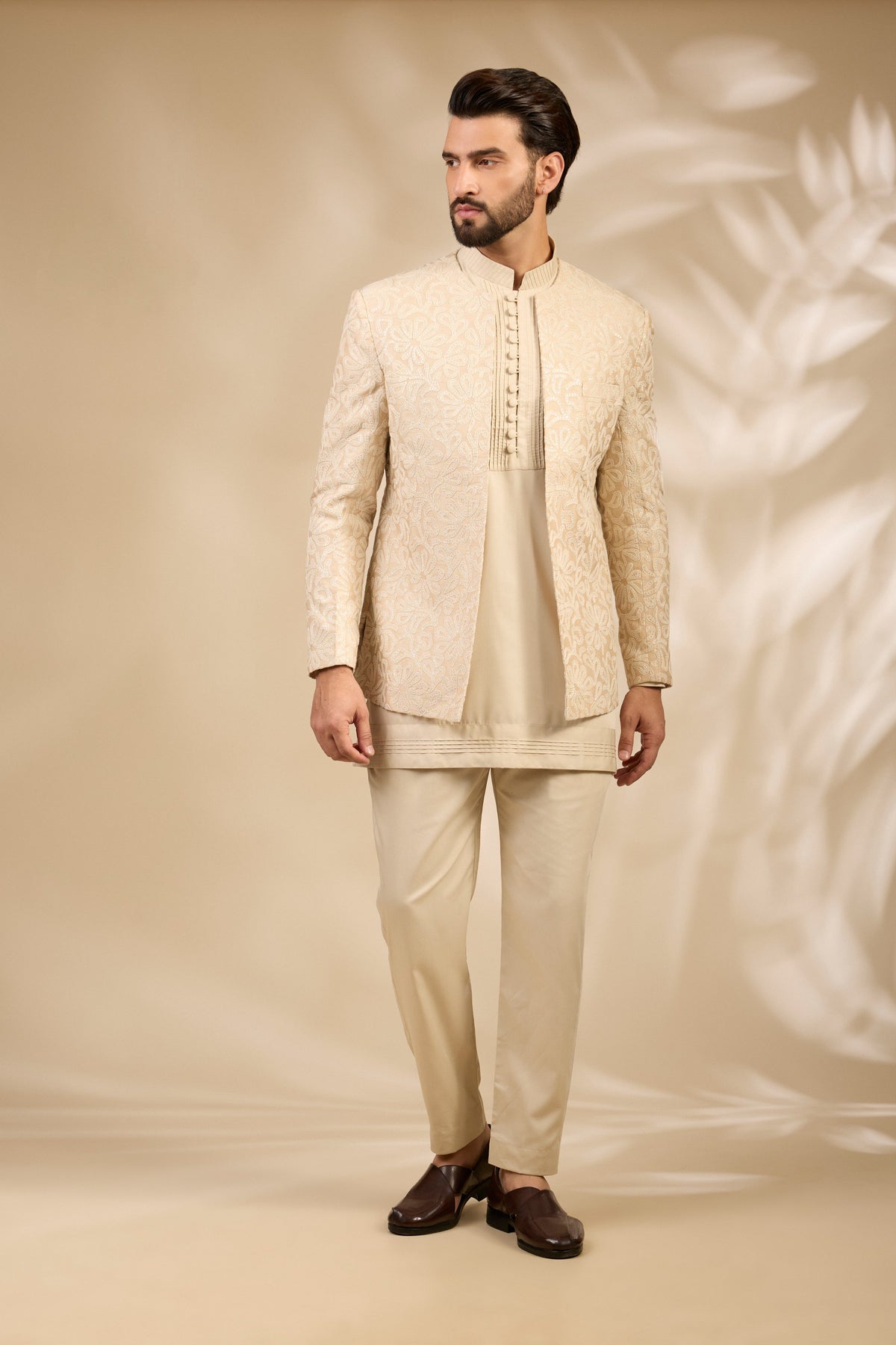 Ivory Textured Embroidered Bandhgala Set