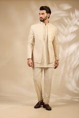 Ivory Textured Embroidered Bandhgala Set