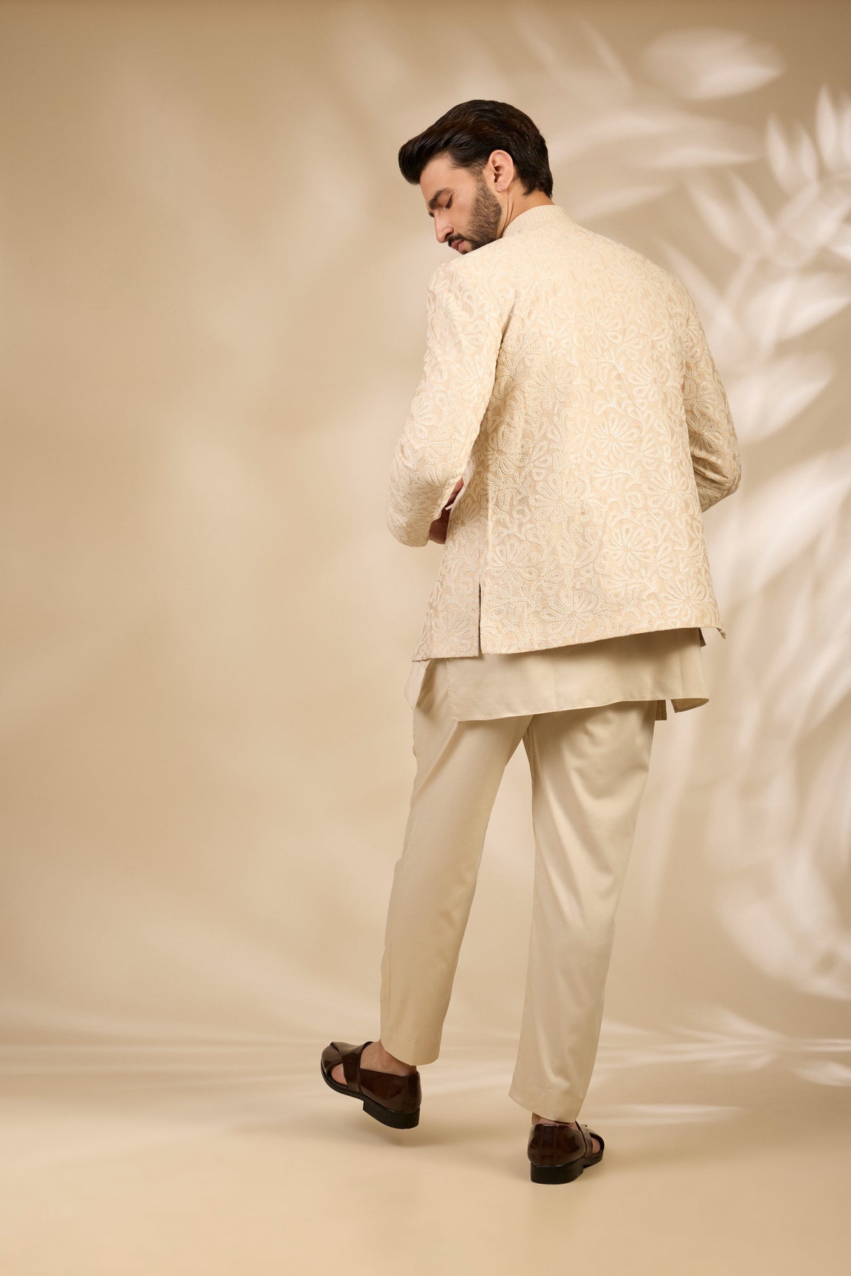 Ivory Textured Embroidered Bandhgala Set
