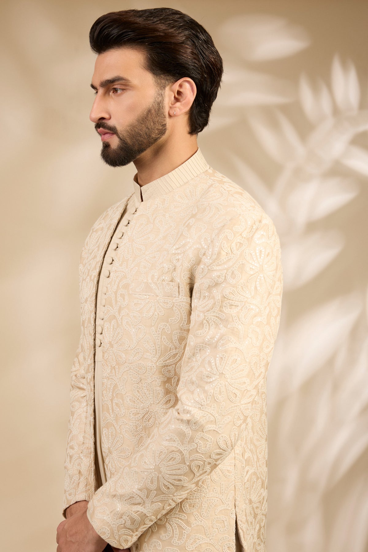 Ivory Textured Embroidered Bandhgala Set