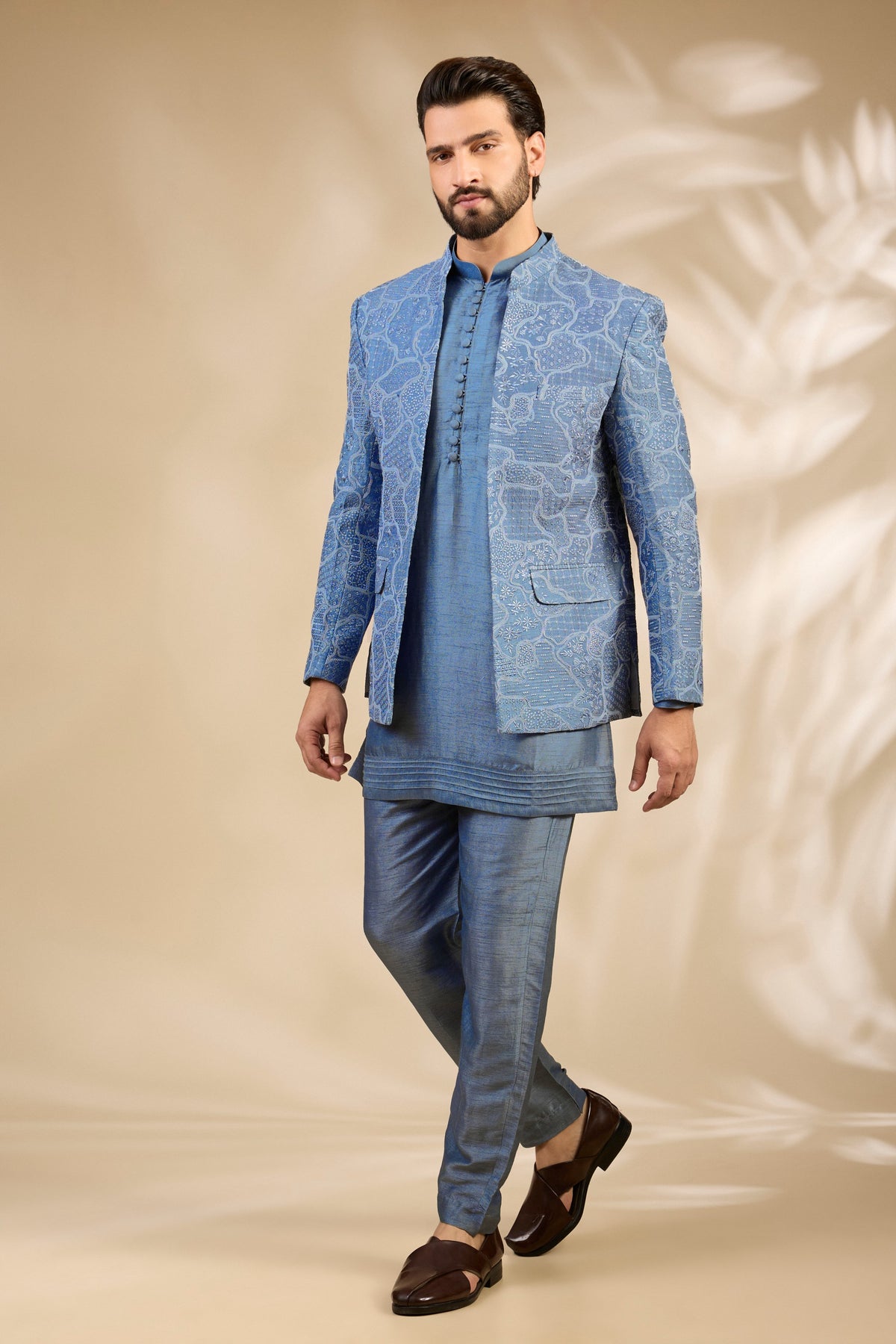 Grey Textured Embroidered Bandhgala Set