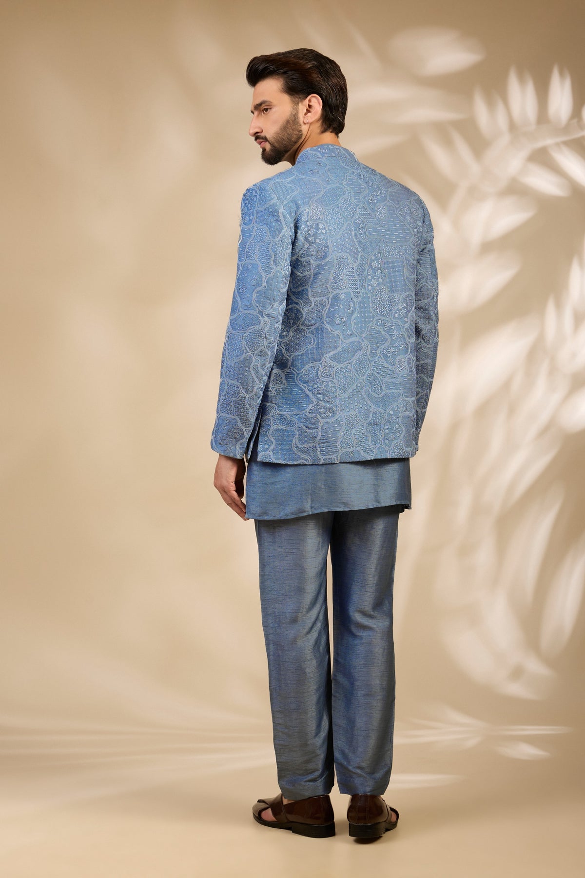 Grey Textured Embroidered Bandhgala Set