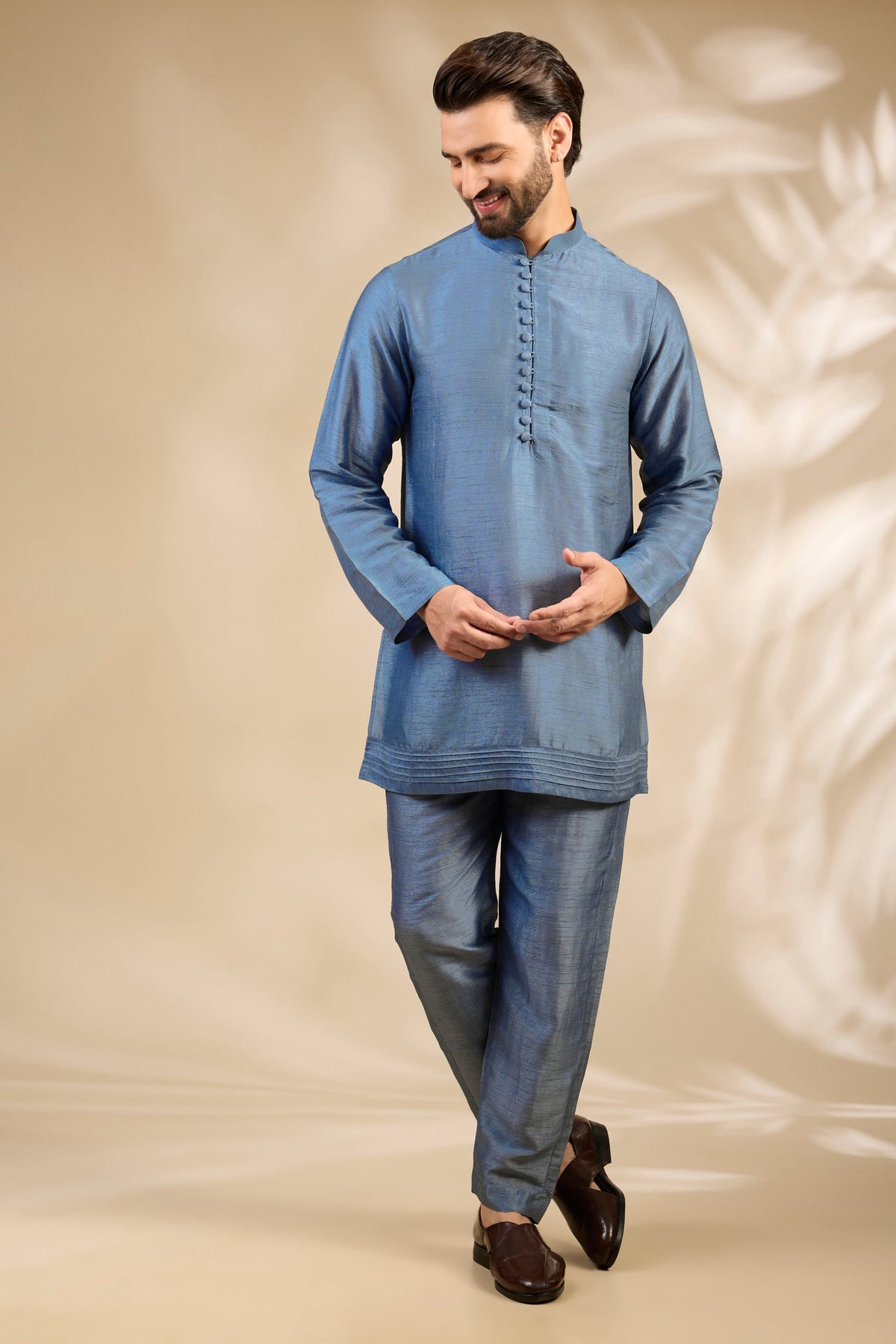 Blue Grey Stitch-Patterned Kurta Set