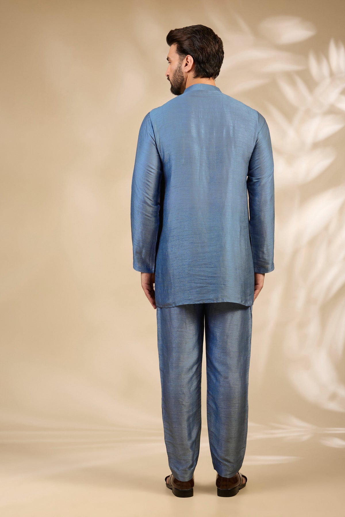 Blue Grey Stitch-Patterned Kurta Set