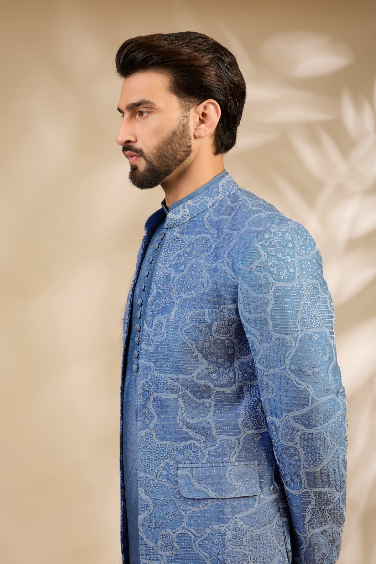Grey Textured Embroidered Bandhgala Set