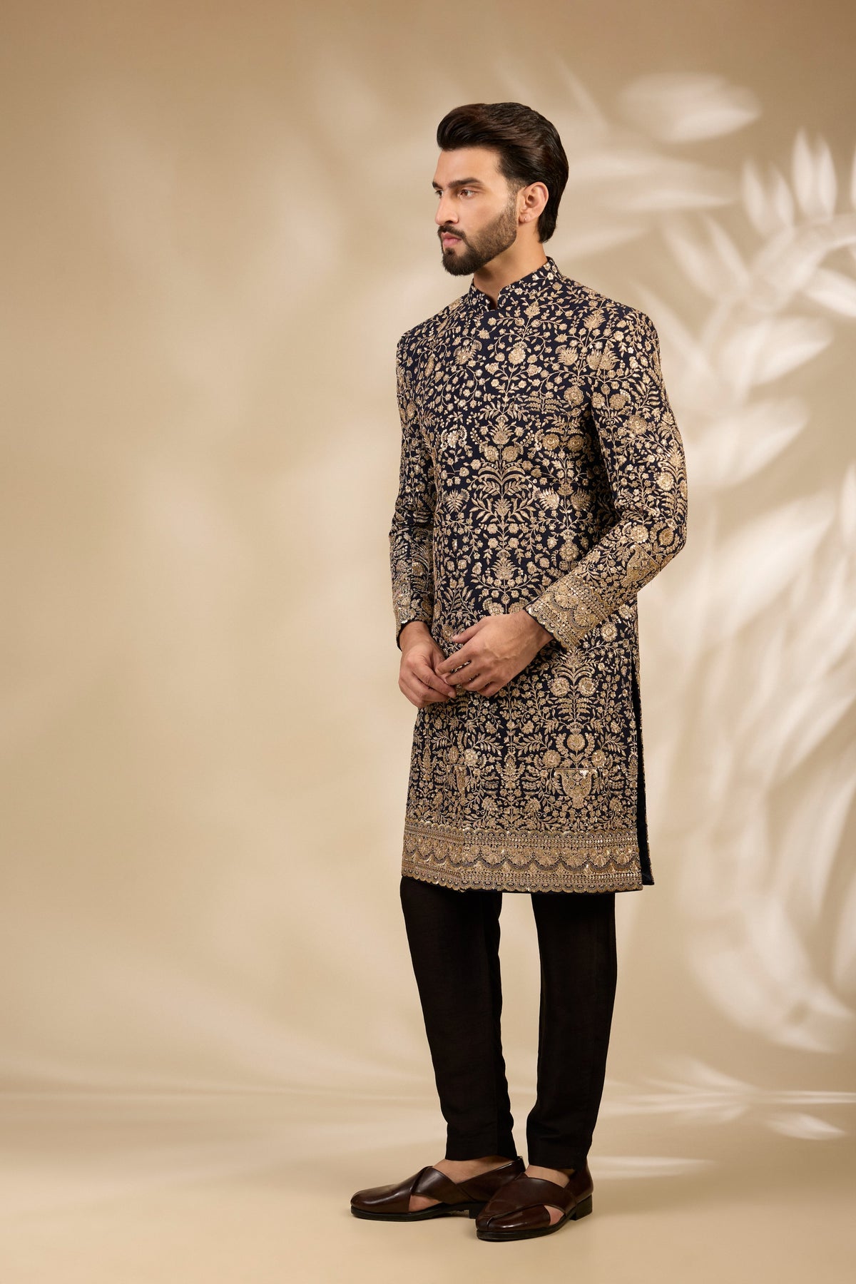 Navy Blue Zari Embroidered Sherwani Set