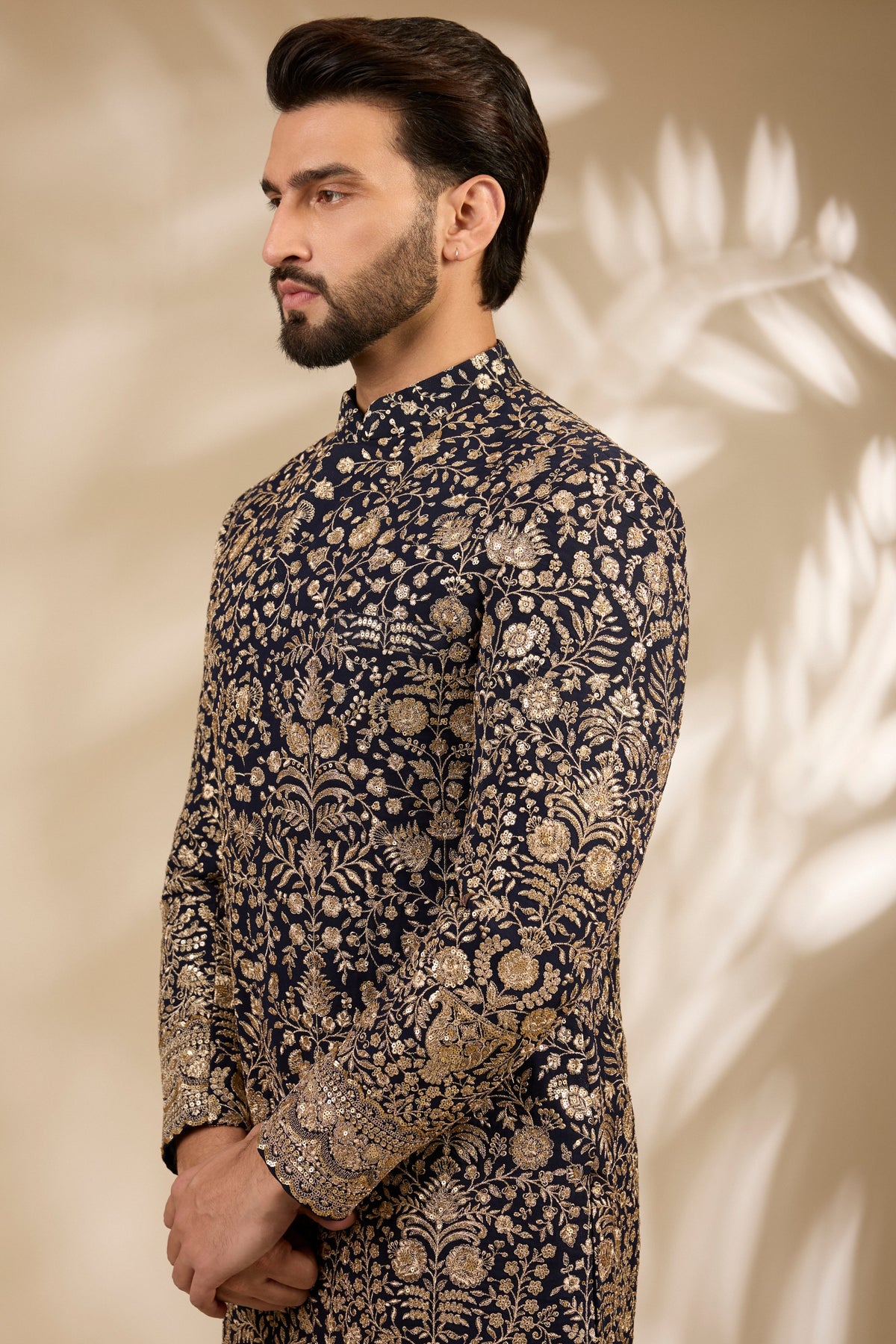 Navy Blue Zari Embroidered Sherwani Set