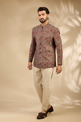 Beige Jamawar Woven Bandhgala Set