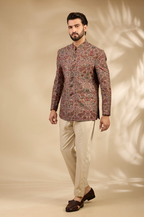 Beige Jamawar Woven Bandhgala Set