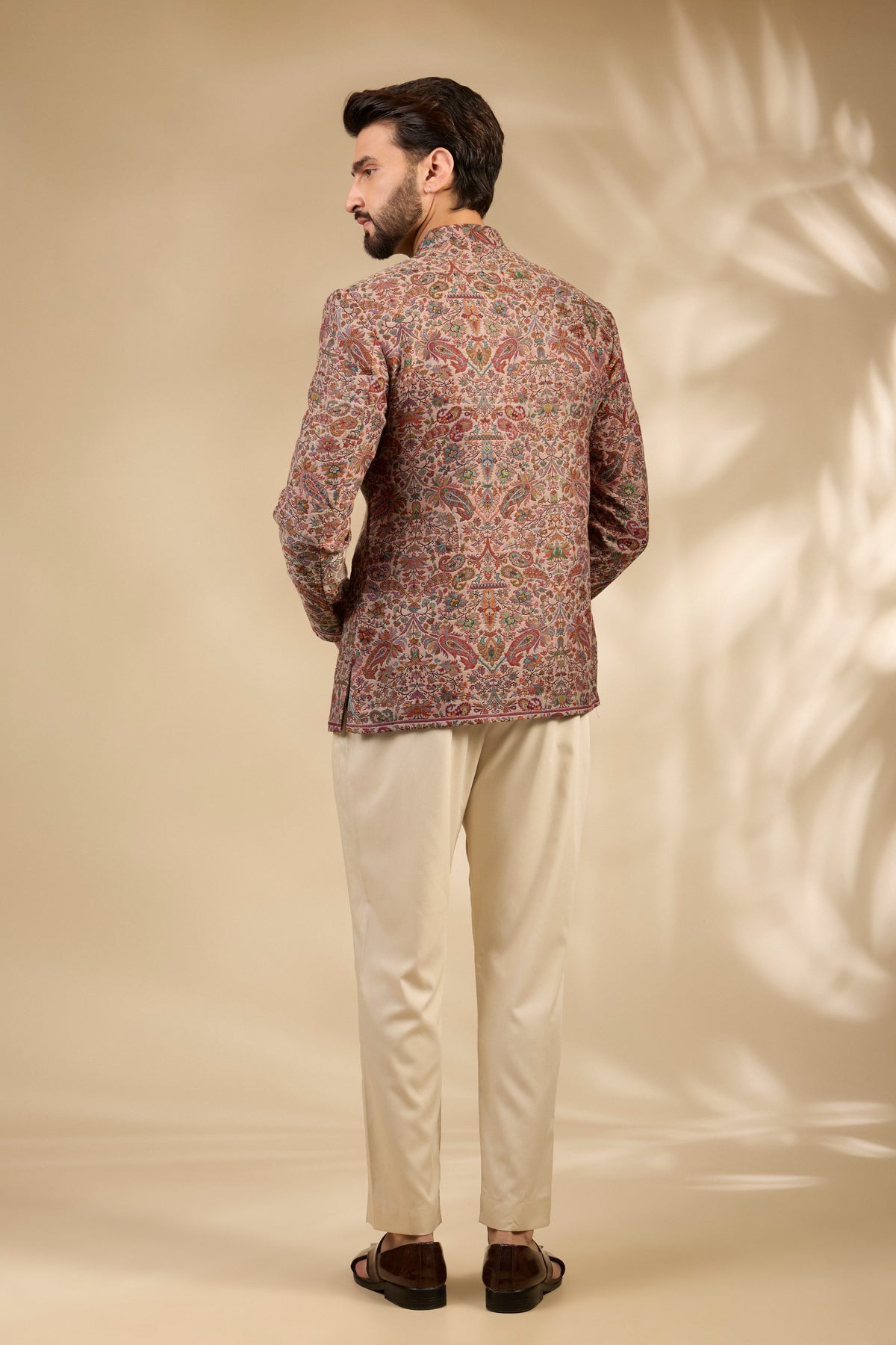 Beige Jamawar Woven Bandhgala Set