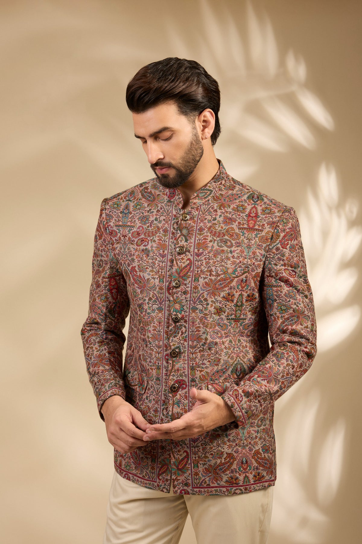 Beige Jamawar Woven Bandhgala Set