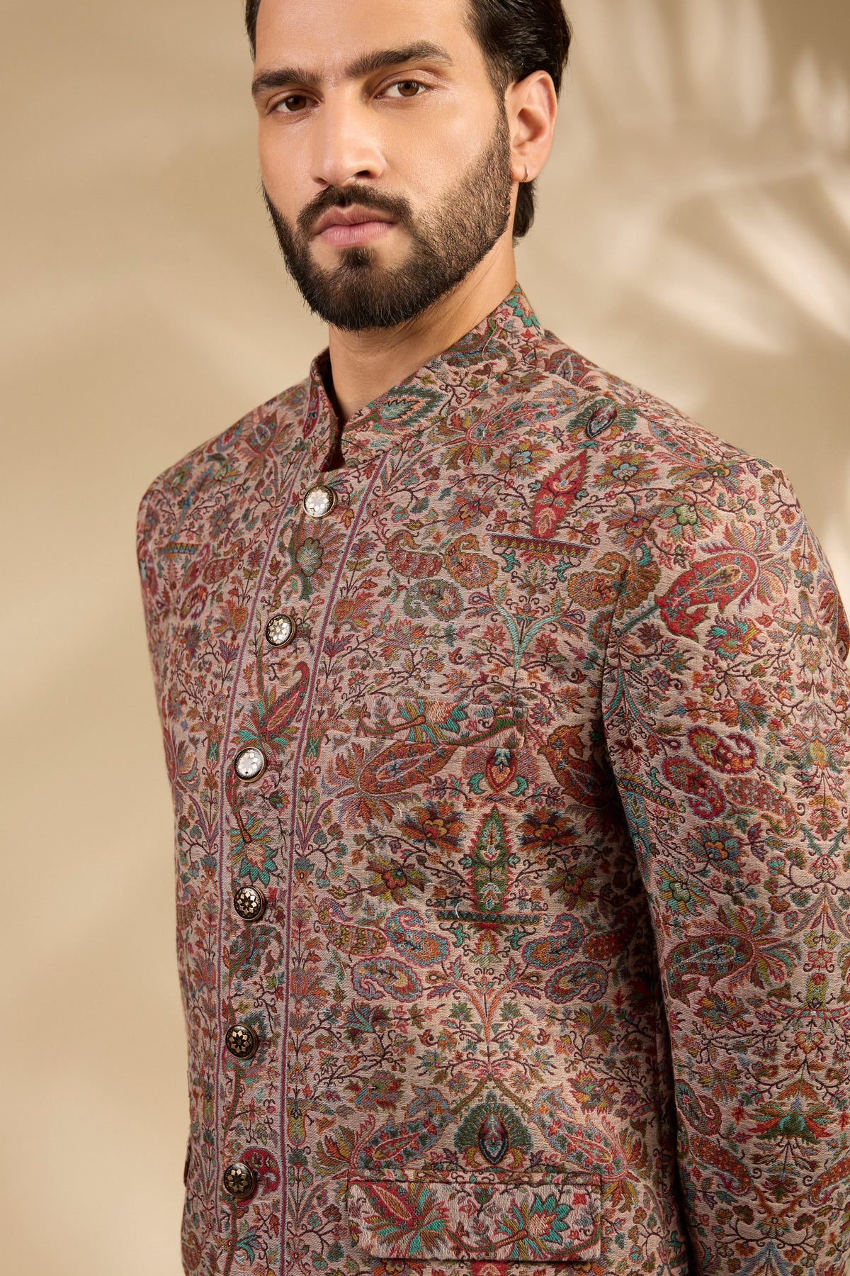 Beige Jamawar Woven Bandhgala Set