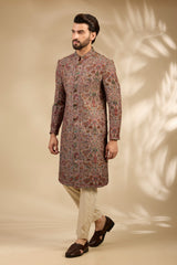 Beige Jamawar Woven Sherwani Set
