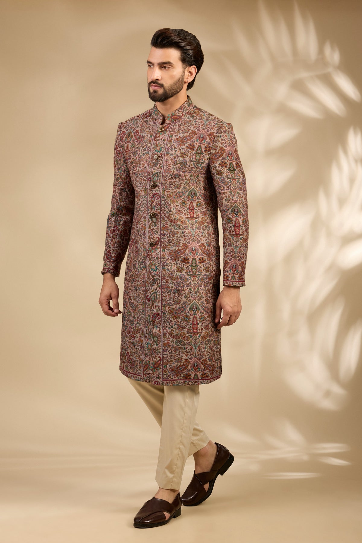 Beige Jamawar Woven Sherwani Set
