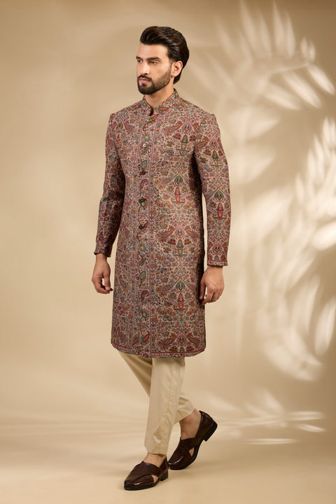 Beige Jamawar Woven Sherwani Set