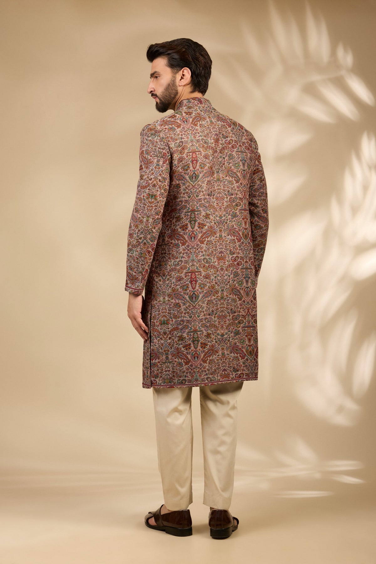 Beige Jamawar Woven Sherwani Set