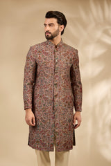 Beige Jamawar Woven Sherwani Set