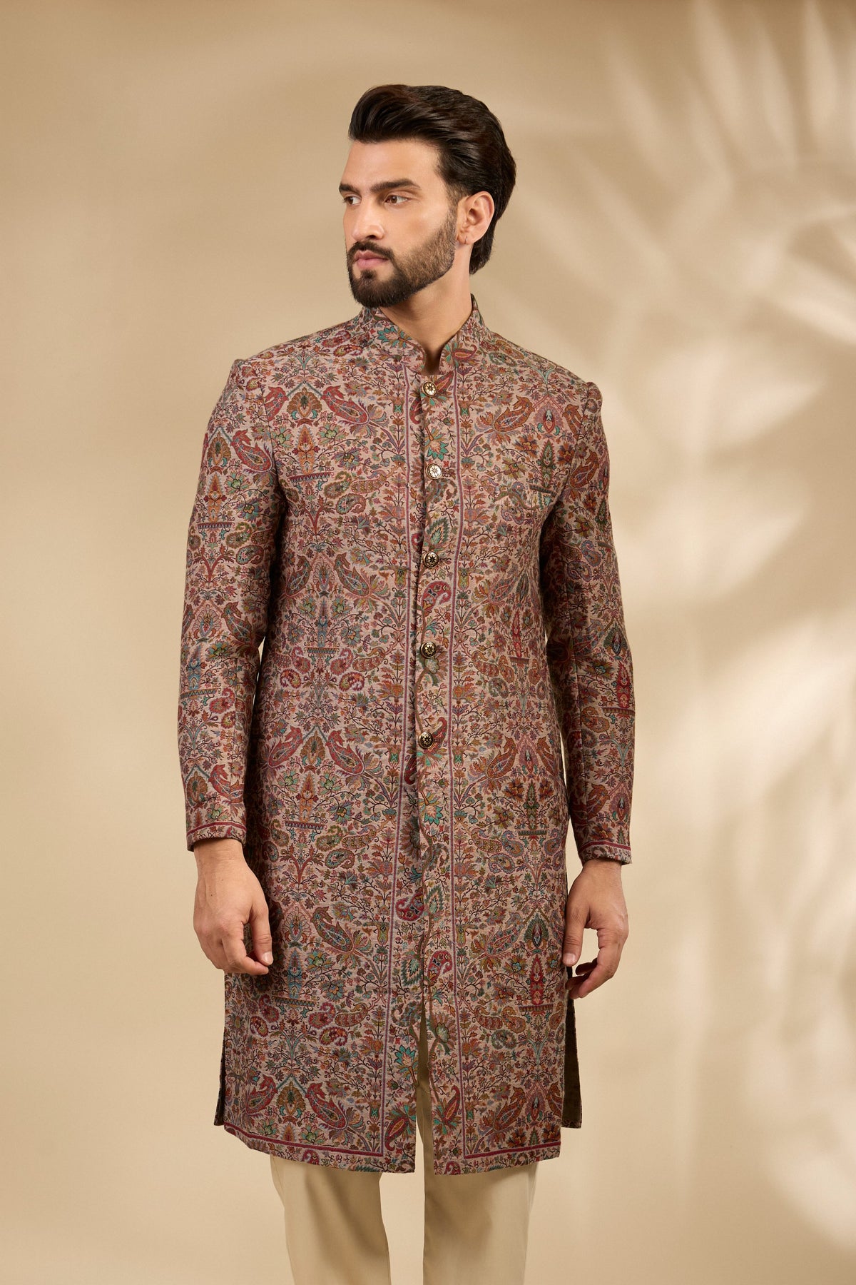 Beige Jamawar Woven Sherwani Set