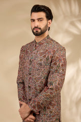 Beige Jamawar Woven Sherwani Set