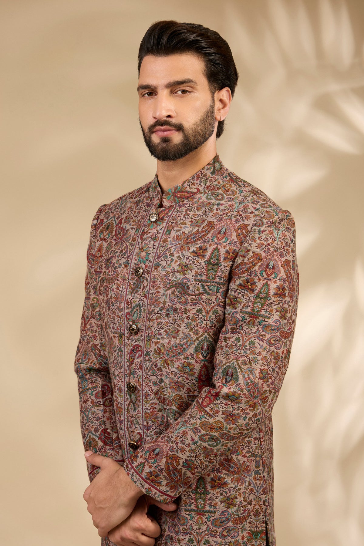 Beige Jamawar Woven Sherwani Set
