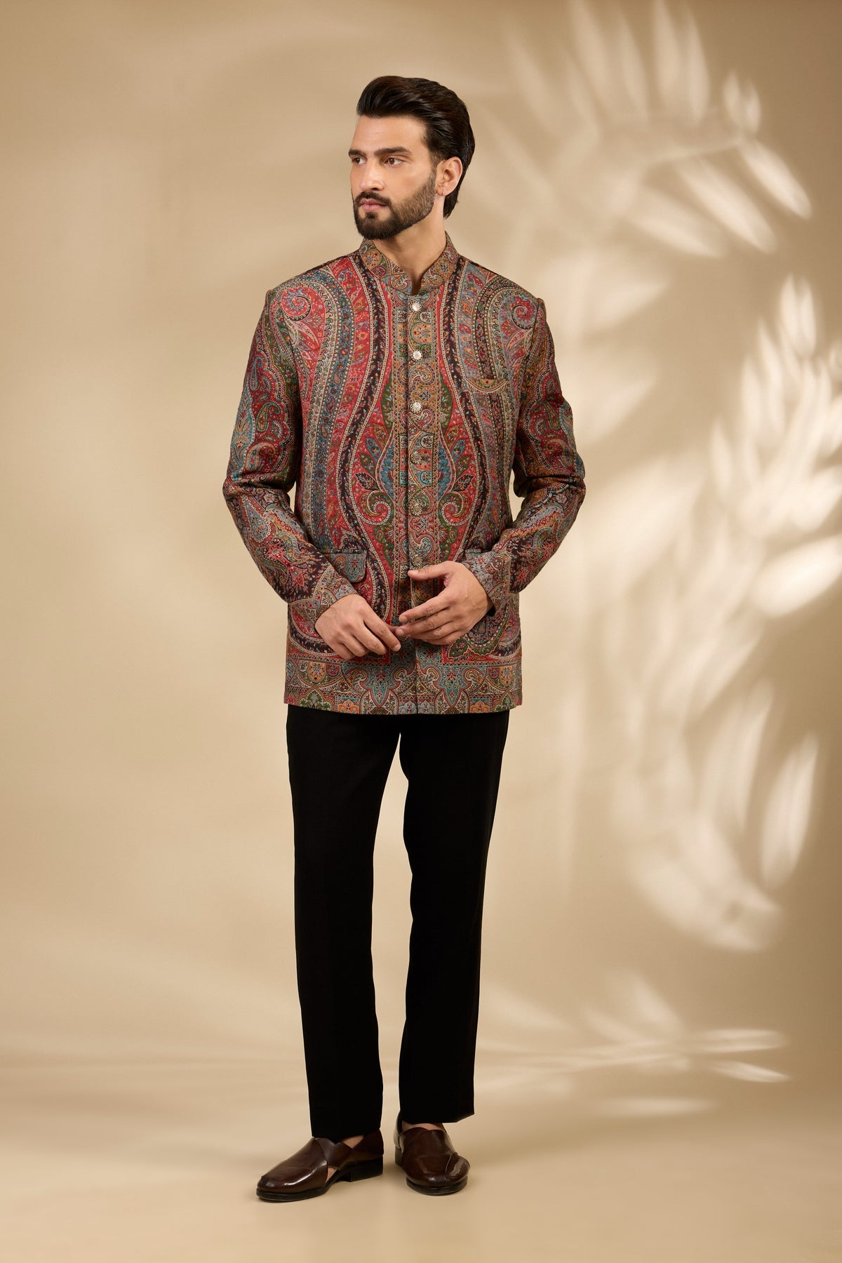 Beige Jamawar Woven Bandhgala Set