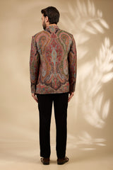 Beige Jamawar Woven Bandhgala Set