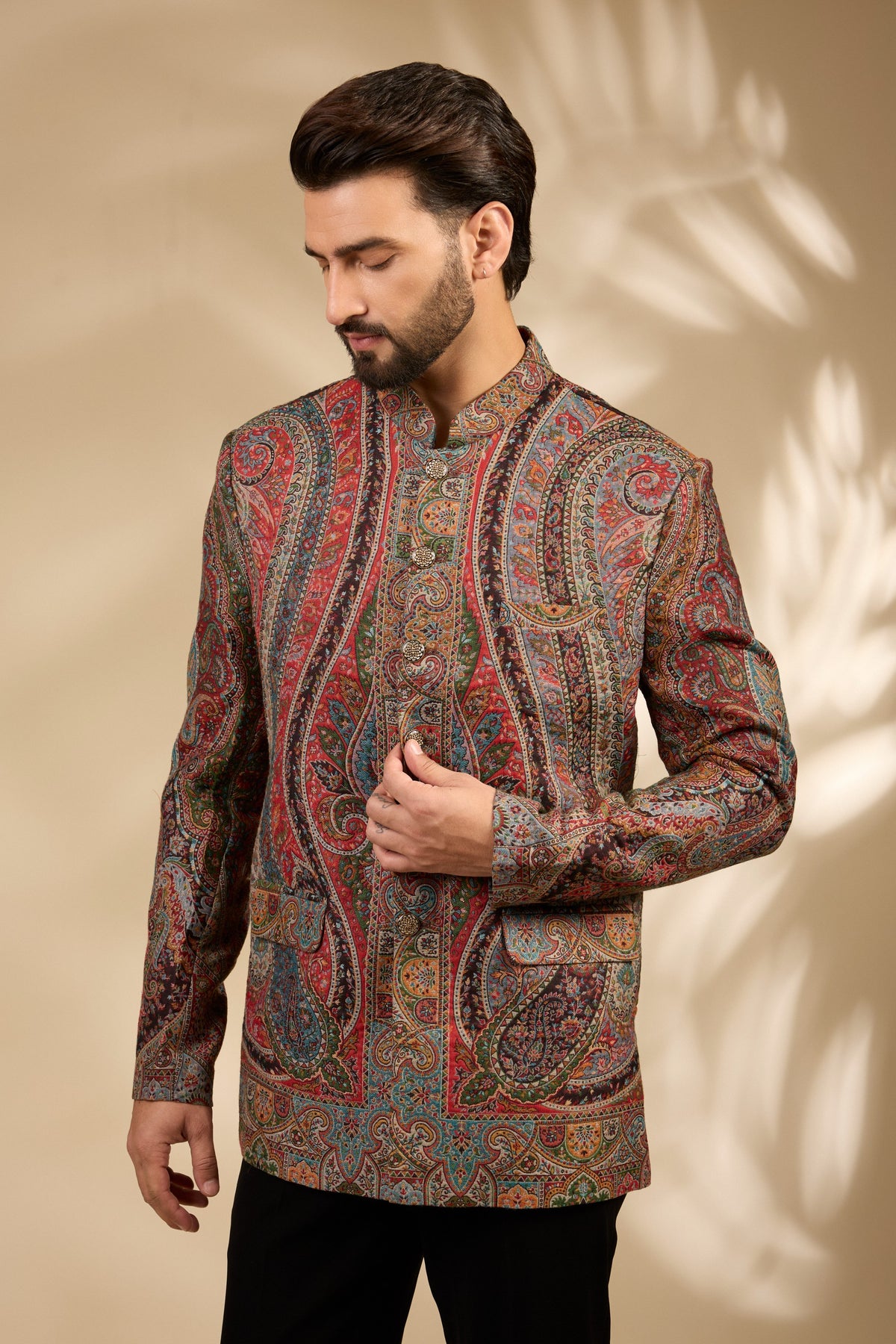 Beige Jamawar Woven Bandhgala Set