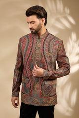 Beige Jamawar Woven Bandhgala Set