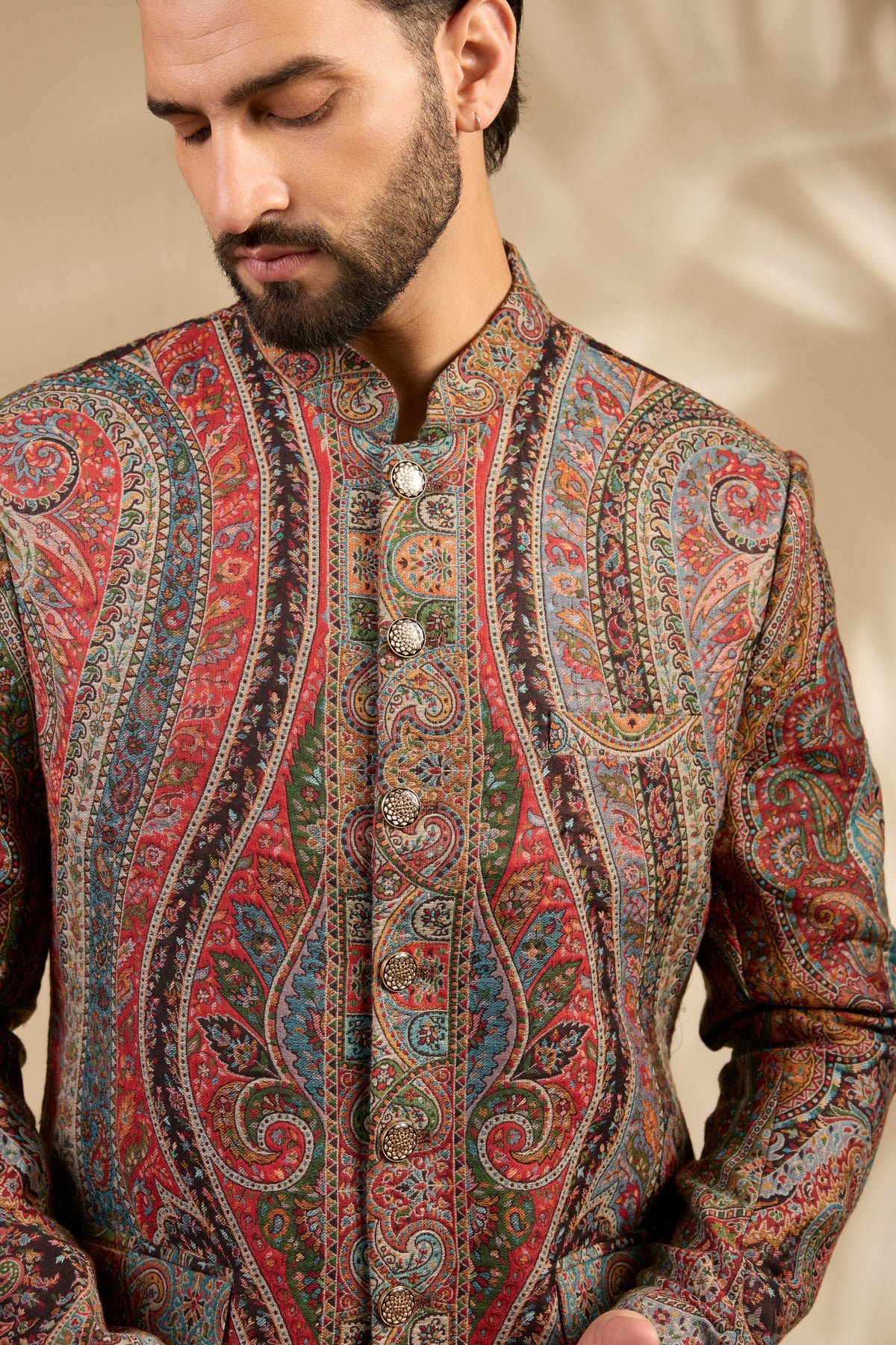 Beige Jamawar Woven Bandhgala Set