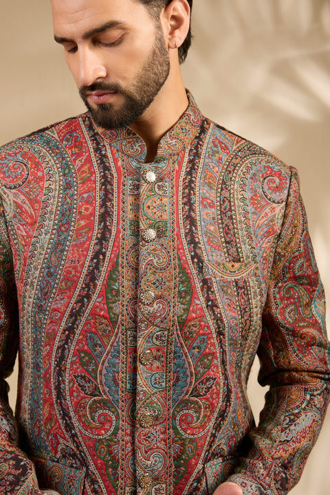 Beige Jamawar Woven Bandhgala Set