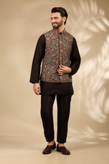 Multicolor Floral Jamawar Woven Bandi Jacket Set