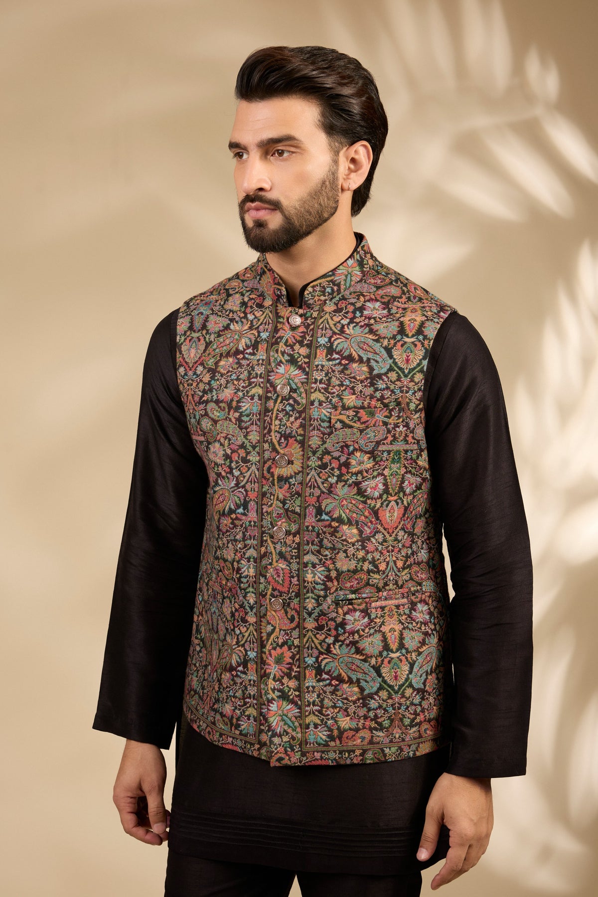 Multicolor Floral Jamawar Woven Bandi Jacket Set