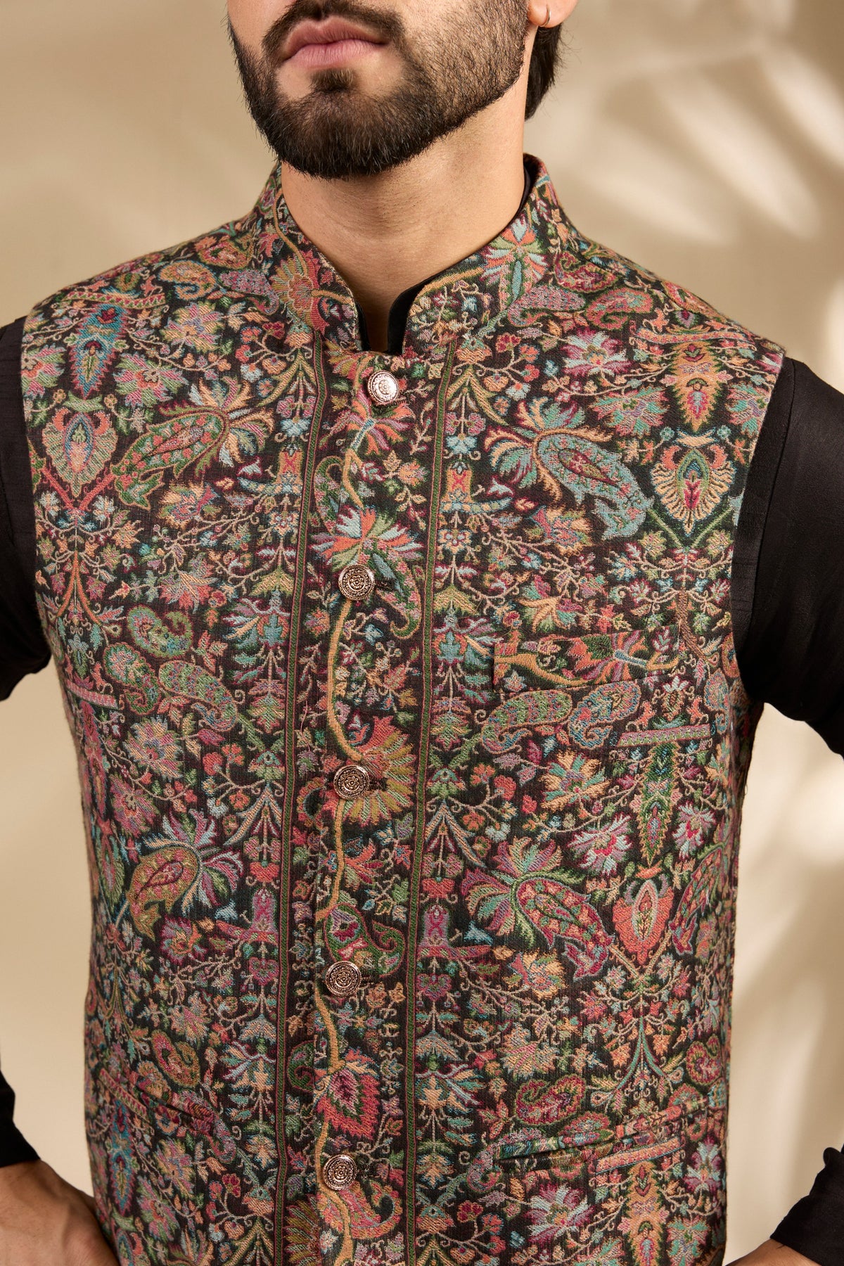 Multicolor Floral Jamawar Woven Bandi Jacket Set
