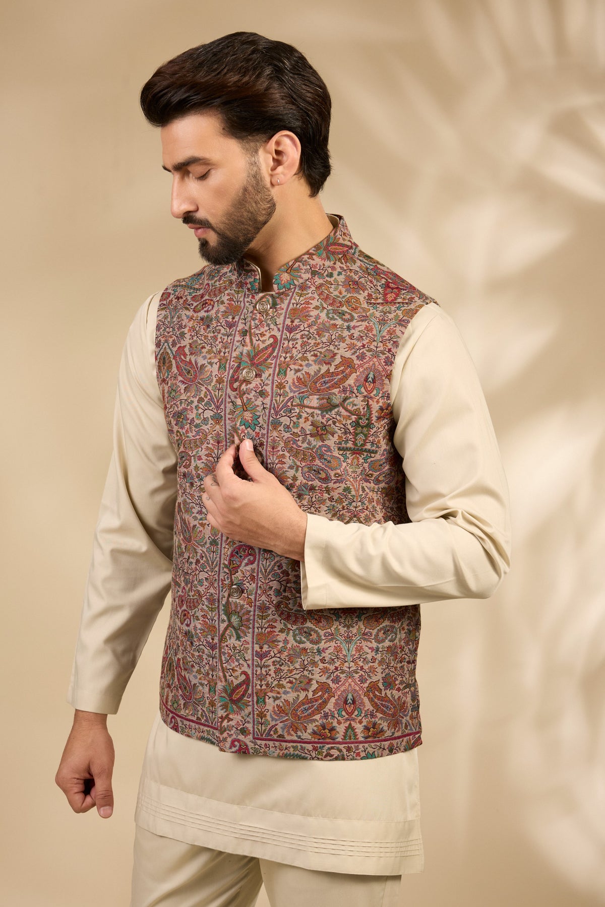 Multicolor Floral Jamawar Woven Bandi Jacket Set