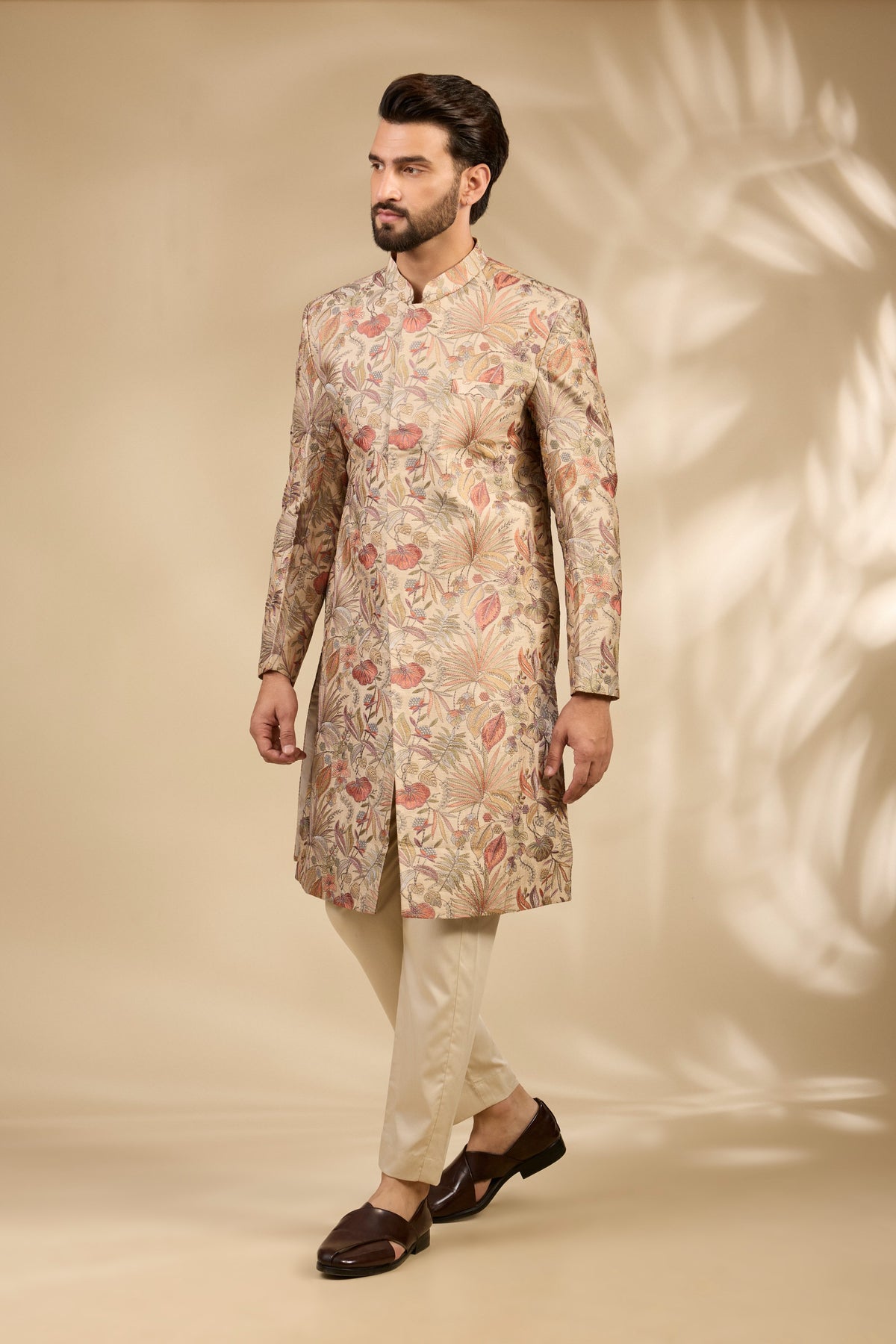 Beige Floral Embroidered Sherwani Set