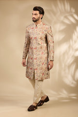 Beige Floral Embroidered Sherwani Set