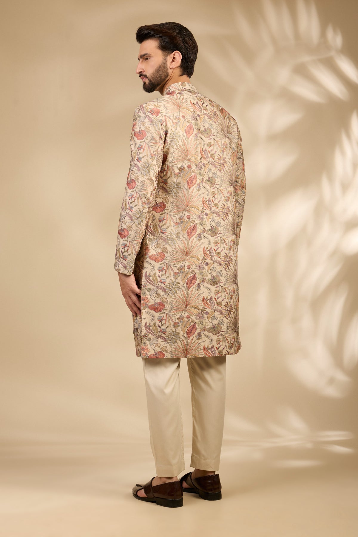 Beige Floral Embroidered Sherwani Set
