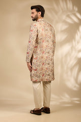 Beige Floral Embroidered Sherwani Set