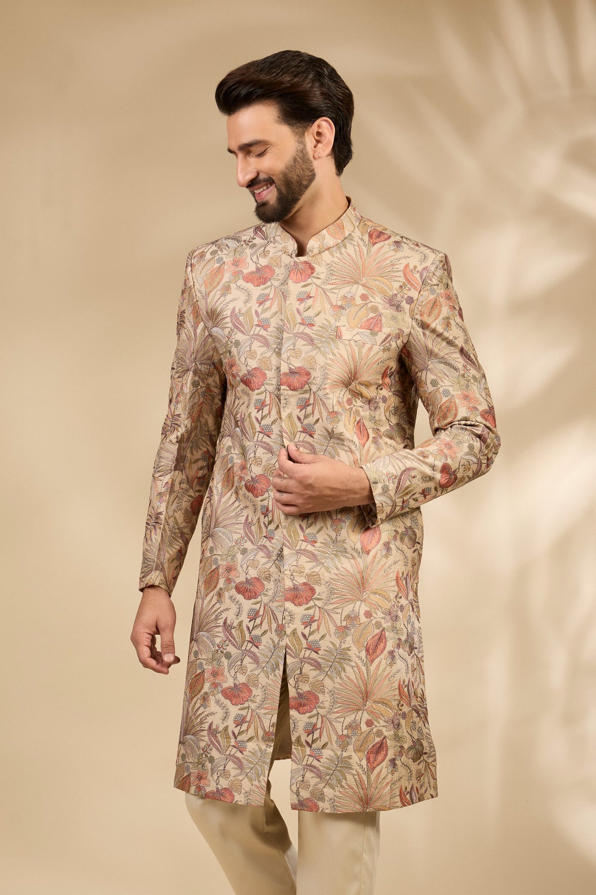 Beige Floral Embroidered Sherwani Set