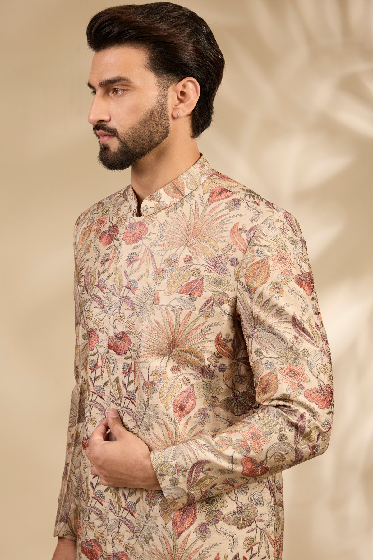 Beige Floral Embroidered Sherwani Set
