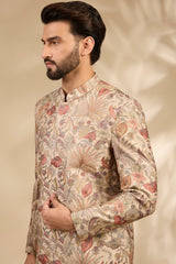 Beige Floral Embroidered Sherwani Set