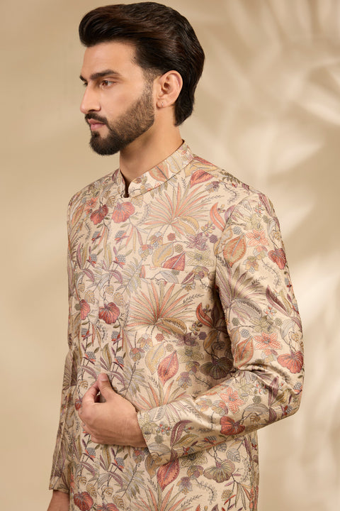 Beige Floral Embroidered Sherwani Set