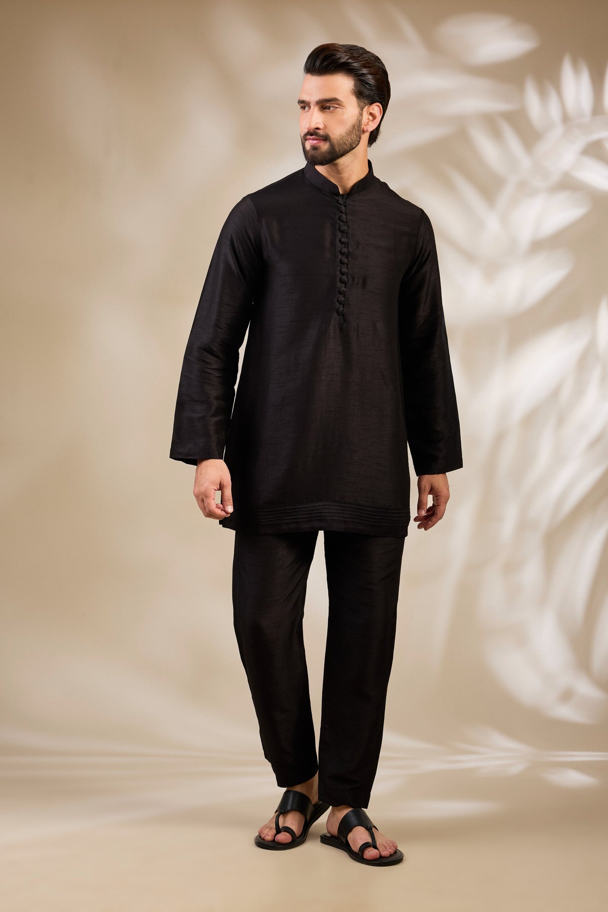Black Stitch-Patterned Kurta Set