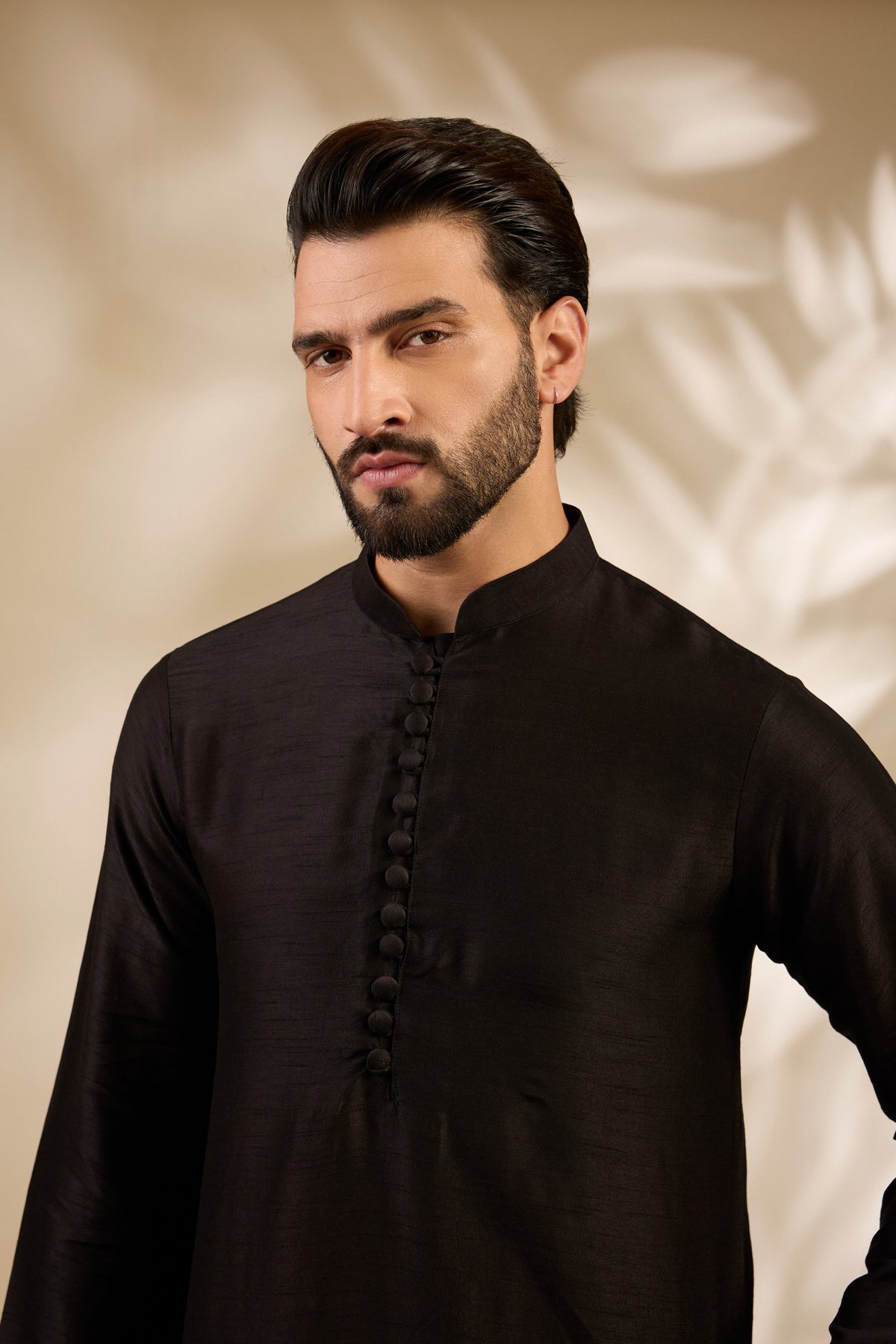 Black Stitch-Patterned Kurta Set