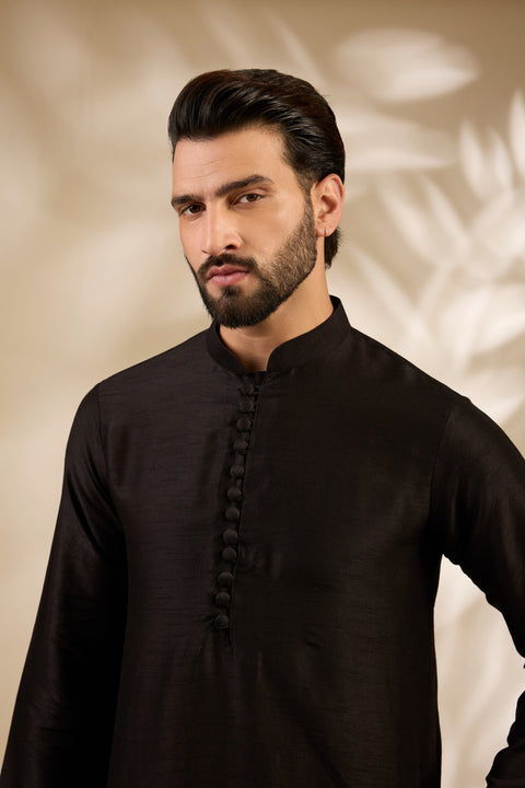 Black Stitch-Patterned Kurta Set
