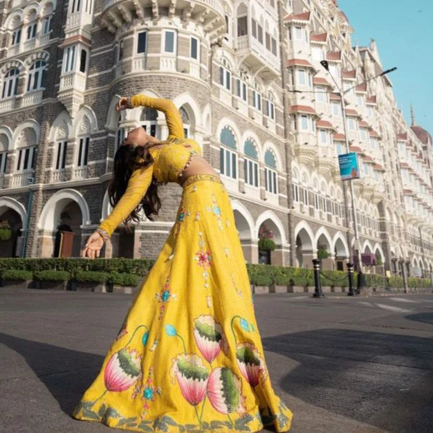 Tanya Narang In Canary Yellow Handpainted Lehenga Set
