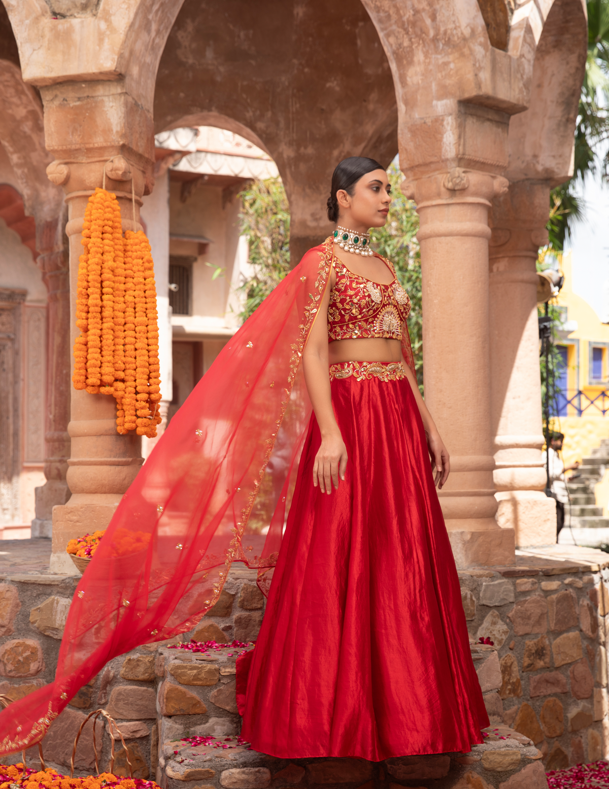 Scarlet Red Peacock Kora Silk Lehenga
