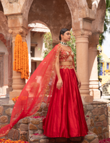 Scarlet Red Peacock Kora Silk Lehenga