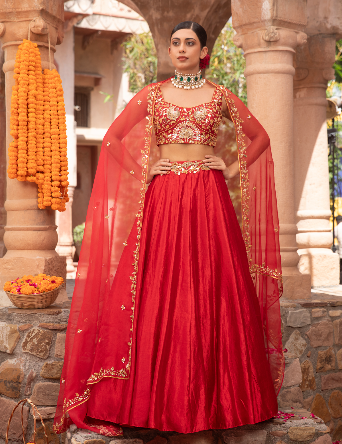 Scarlet Red Peacock Kora Silk Lehenga