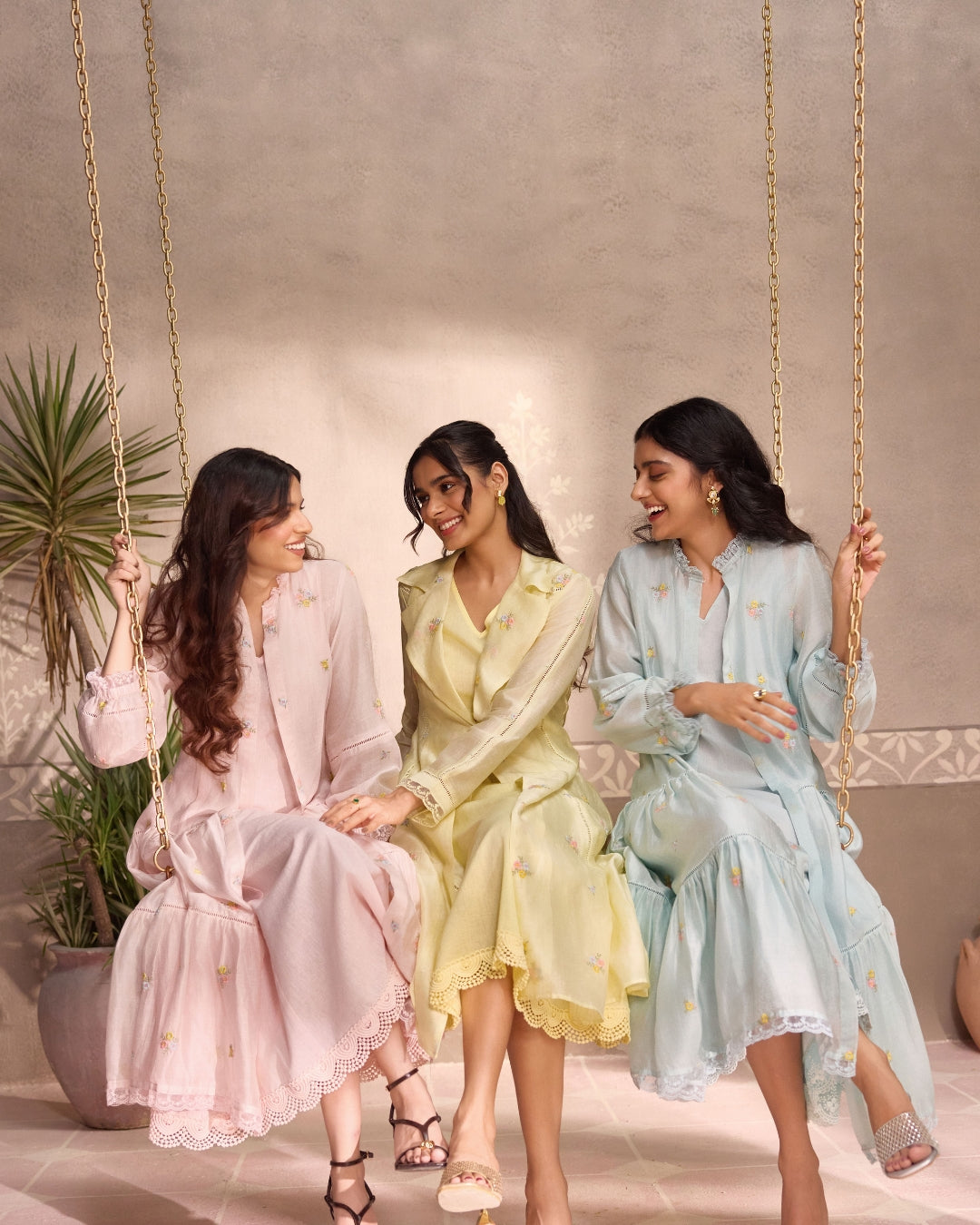 Pastel Pink Chanderi Lace Layered Long Open Jacket with Cotton Sleeveless Dress